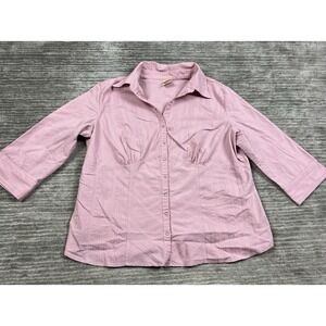 Faded Glory Top Womens 18w/20w Pink Metallic Stripe Snap Front 3/4‎ Sleeve
